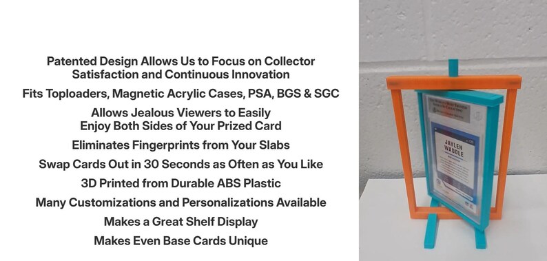 May include: A 3D-printed card display stand in orange and teal. The stand holds a graded card, with the text "JAYLEN WADDLE" visible. The stand is designed to showcase cards and is made of durable ABS plastic.