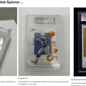 May include: A stack of graded trading cards in protective cases. One card features Bart Simpson, another shows a football player, and a third has a gold-colored back with text. The text reads "The World's Most Trusted Source in Collecting."
