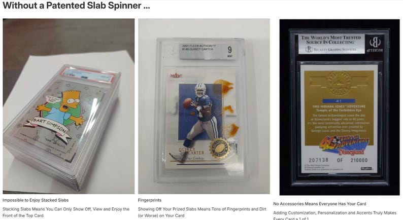 May include: A stack of graded trading cards in protective cases. One card features Bart Simpson, another shows a football player, and a third has a gold-colored back with text. The text reads "The World's Most Trusted Source in Collecting."