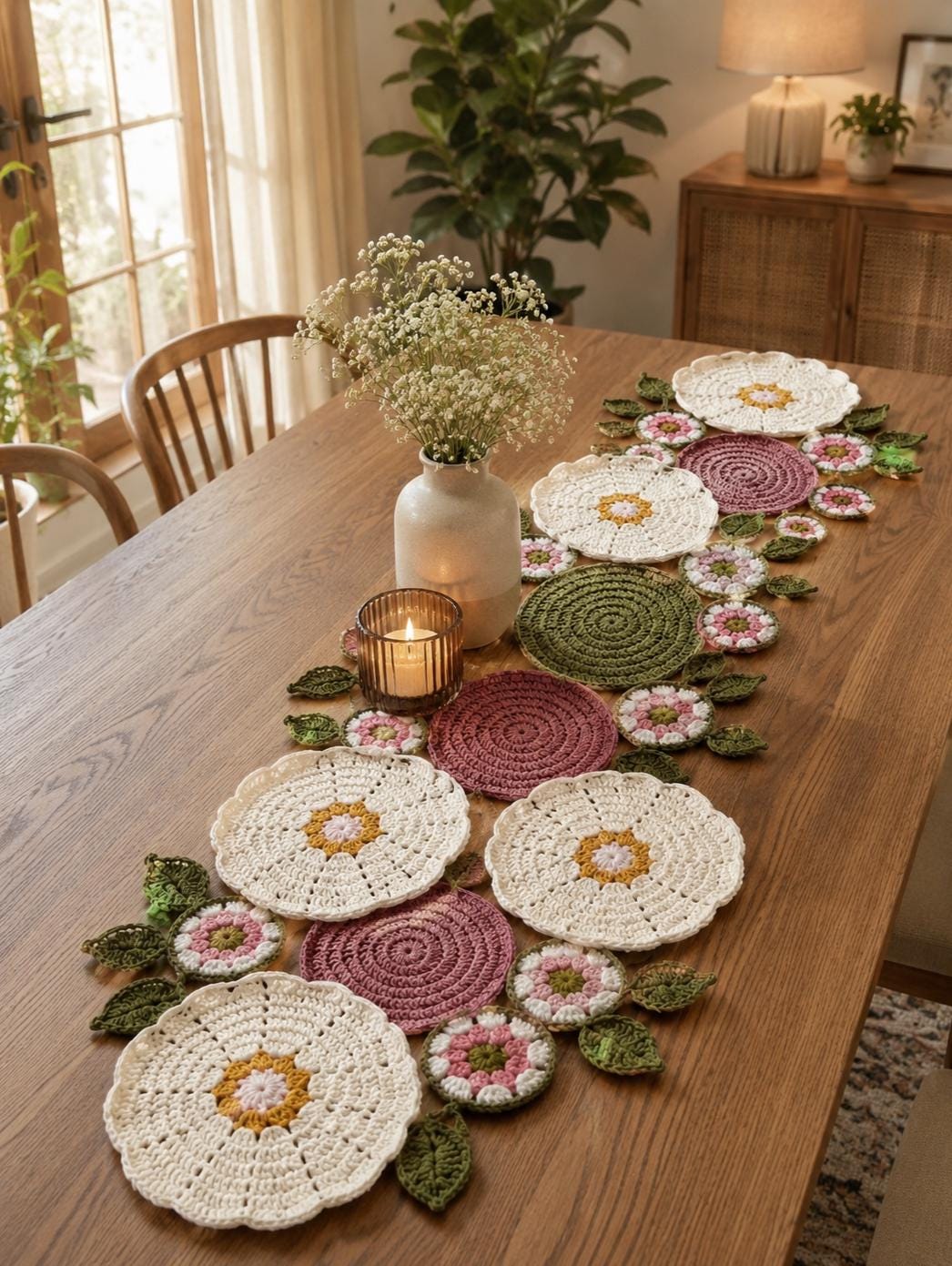 38 Table Runner Crochet Patterns to Refresh Your Home with Handmade Texture 32 Meadow Motif Crochet Table Runner