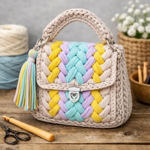 Op de afbeelding: Een beige, handgebreide handtas met een gevlochten ontwerp in geel, lichtblauw en lavendel. De tas heeft een bijpassende handgreep en een decoratieve kwast. Een zilveren sluiting zekert de flap.