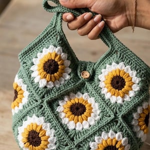 Mönster för virkad tygväska med fyrkantig solros och mormor (digital nedladdning)