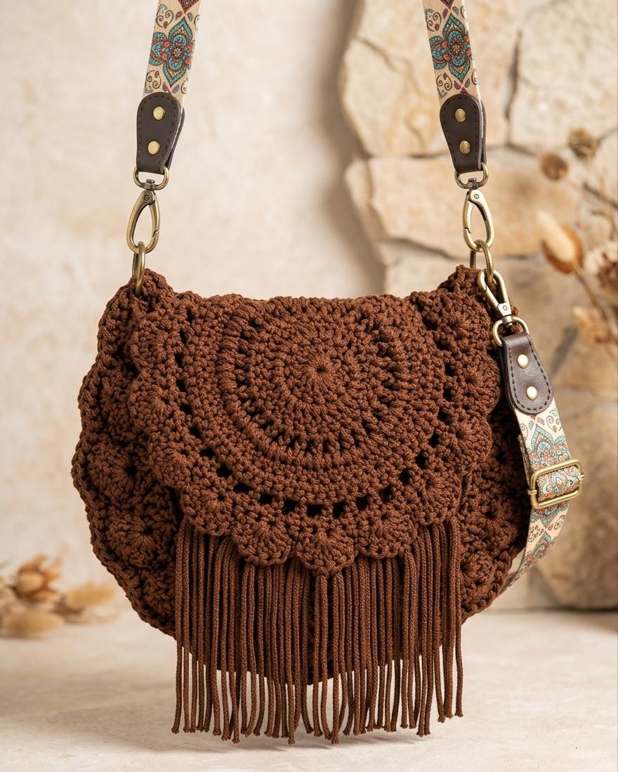 36 Hippie Crochet Patterns for Boho Outfits, Bags, Home Décor, and Gifts 10 Boho Fringe Crochet Bag Mandala Crossbody Purse Tutorial