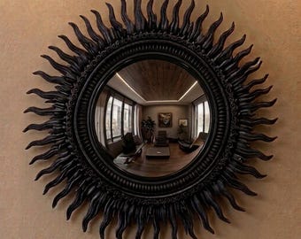 Black Sunburst Convex Mirror 60cm | Vintage Round Wooden Wall Decor
