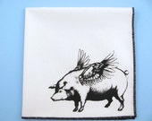 Hankie- FLYING PIG handkerchief shown on super soft white cotton funny ladies hanky-or choose from any solid color or plaids shown in pics