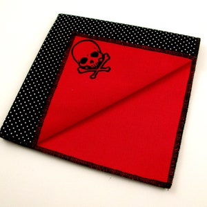 Skull and Crossbones on red cotton reversible pocket square for cool guys - THREE in one pocket square - so many colors to choose from