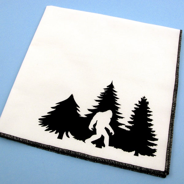 Handkerchief- Mens cotton hanky with hand printed SASQUATCH, BIG FOOT. Soft, washable, reusable, funny hankie. Many colors to choose from.