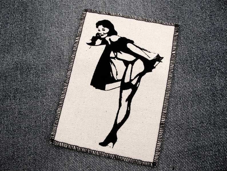 One chatty pinup girl canvas patch, finished edge, any color you choose, FREE SHIPPING USA 