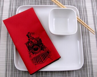 NAPKINS - soft cotton reusable cloth napkins with TRAIN print, many colors to choose from.