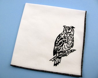 Handkerchief- Mens cotton hanky with hand printed OWL. Soft, eco friendly and unique. Many colors to choose from.