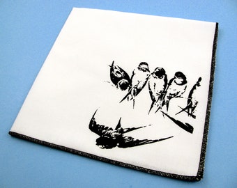 Handkerchief- Mens cotton hanky with hand printed BIRDS. Soft, eco friendly and unique. Many colors to choose from.