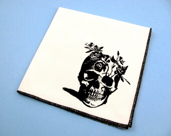 Handkerchief- Mens cotton hanky with hand printed FLOWER SKULL. Soft, eco friendly and unique. Many colors to choose from.