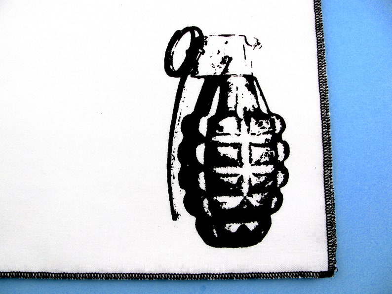 Handkerchief Mens cotton hanky with hand printed GRENADE. Soft, washable, reusable, bas ass hankie. Many colors to choose from. image 6
