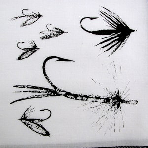 May include: Black and white illustration of five different fly fishing lures. The lures are drawn in a realistic style and feature intricate details.