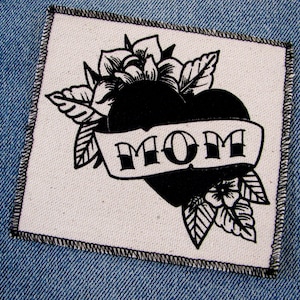Handmade Mom Tattoo Heart Canvas Patch, finished edge, hand printed, many colors to choose from, FREE SHIPPING USA