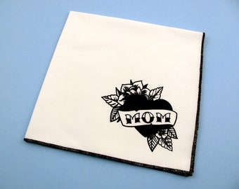 Handkerchief- Mens cotton hanky with hand printed MOM HEART TATTOO. Soft, eco friendly and unique. Many colors to choose from.