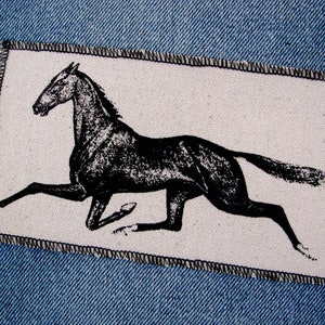 May include: Black and white illustration of a horse running on a white background. The horse is depicted in a stylised, almost cartoon-like manner, with a long, flowing mane and tail.