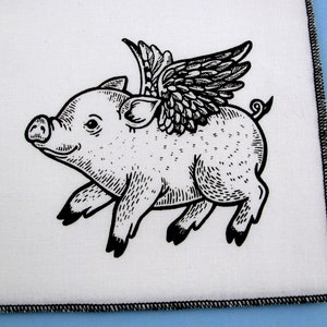 Handkerchief Mens cotton hanky with hand printed cute FLYING PIG. Soft, eco friendly and unique. Many colors to choose from. image 6