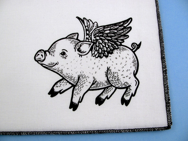 Handkerchief Mens cotton hanky with hand printed cute FLYING PIG. Soft, eco friendly and unique. Many colors to choose from. image 6