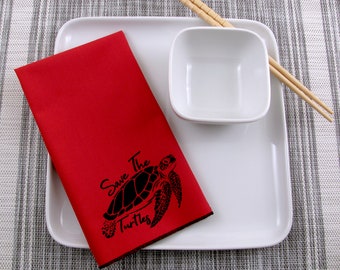 NAPKINS - soft cotton reusable cloth napkins with SAVE the TURTLES print, many colors to choose from.