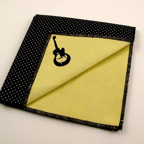 Guitar on yellow cotton reversible pocket square for cool guys - THREE in one pocket square - so many colors to choose from