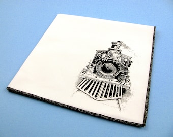 Handkerchief- Mens cotton hanky with hand printed TRAIN. Soft, washable, reusable, unique hankie or napkin. Many colors to choose from.