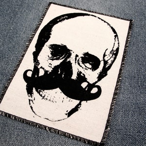 One cool mustache skull canvas patch, finished edge, any color you choose, FREE SHIPPING USA OFF WHITE-SAMPLE PIC