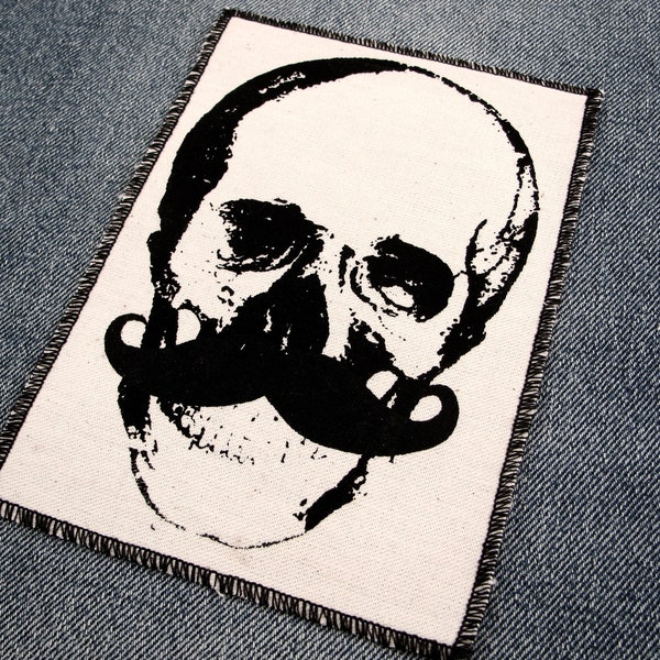 One cool mustache skull canvas patch, finished edge, any color you choose, FREE SHIPPING USA