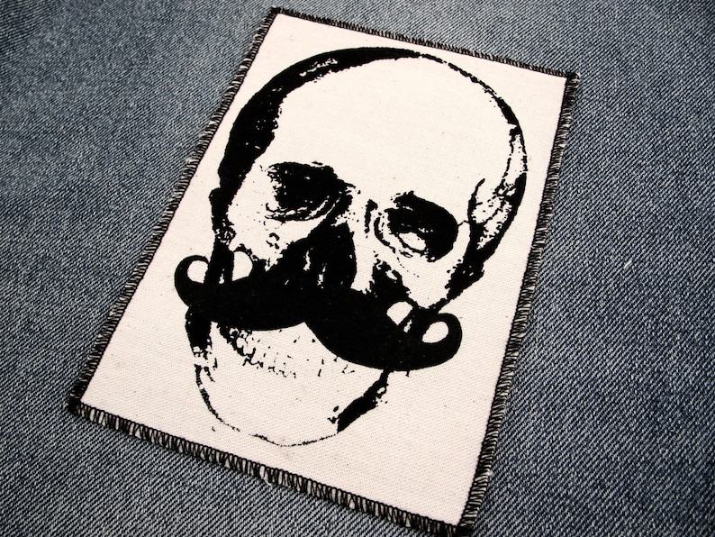 One cool mustache skull canvas patch, finished edge, any color you choose, FREE SHIPPING USA OFF WHITE-SAMPLE PIC