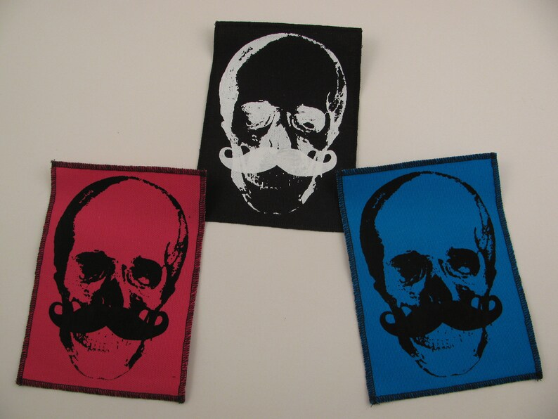 One cool mustache skull canvas patch, finished edge, any color you choose, FREE SHIPPING USA image 2