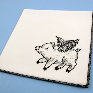 Handkerchief Mens cotton hanky with hand printed cute FLYING PIG. Soft, eco friendly and unique. Many colors to choose from. image 1