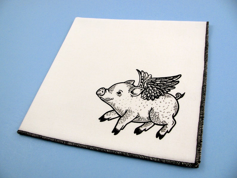 Handkerchief Mens cotton hanky with hand printed cute FLYING PIG. Soft, eco friendly and unique. Many colors to choose from. image 1