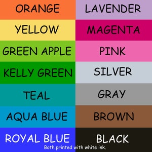 May include: A chart with a list of colors and their names. The colors are arranged in two columns, with the left column containing warm colors and the right column containing cool colors. The colors are red, orange, yellow, green apple, kelly green, teal, aqua blue, royal blue, sky blue, lite blue, lavender, magenta, pink, silver, gray, brown, black, and white.