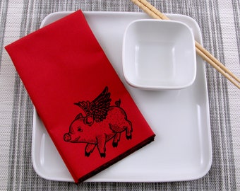 NAPKINS - soft cotton reusable cloth napkins with PIGS FLY wings print, many colors to choose from.