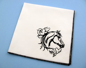 Handkerchief- Mens cotton hanky with hand printed HORSE head. Soft, washable, reusable pretty hankie. Many colors to choose from.