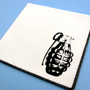 Handkerchief Mens cotton hanky with hand printed GRENADE. Soft, washable, reusable, bas ass hankie. Many colors to choose from. image 1