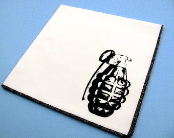 Handkerchief- Mens cotton hanky with hand printed GRENADE. Soft, washable, reusable, bas ass hankie. Many colors to choose from.