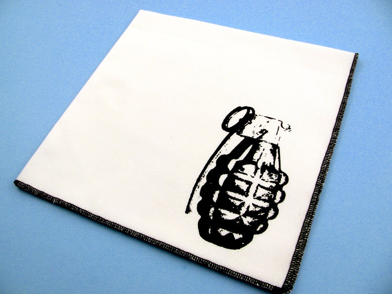 Handkerchief Mens cotton hanky with hand printed GRENADE. Soft, washable, reusable, bas ass hankie. Many colors to choose from. image 1