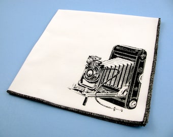 Handkerchief- Mens cotton hanky with hand printed KODAK CAMERA. Soft, washable, reusable, unique hankie. Many colors to choose from.