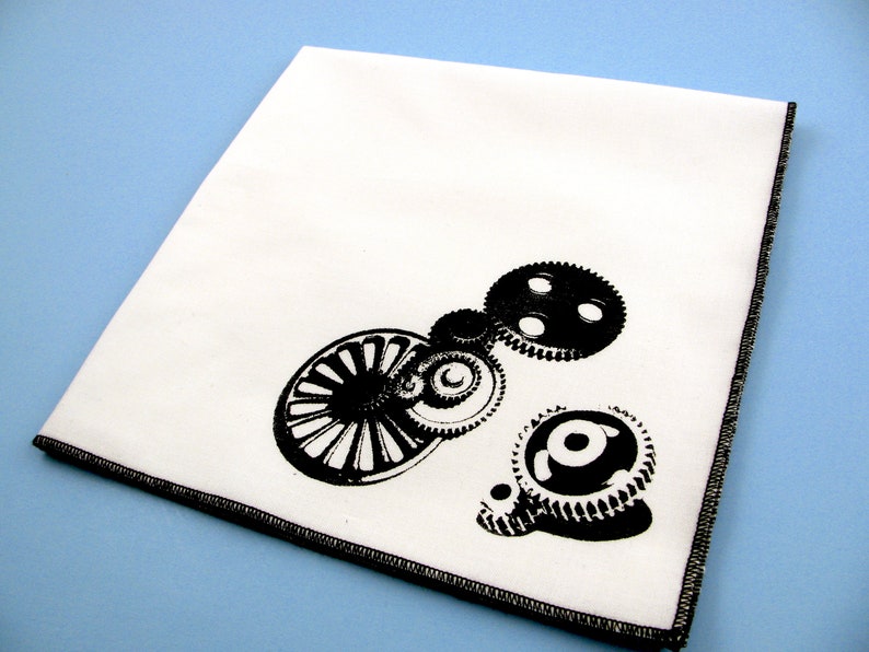 Handkerchief Mens cotton hanky with hand printed GEARS. Soft, eco friendly and unique. Many colors to choose from. imagem 1