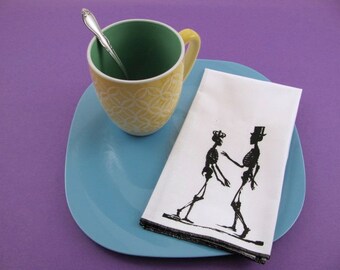 NAPKINS - soft cotton reusable cloth napkins with SKELETON LOVE print, many colors to choose from.