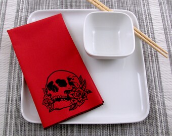 NAPKINS - soft cotton reusable cloth napkins with TATTOO SKULL print, many colors to choose from.
