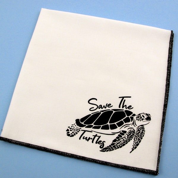 Handkerchief- Mens cotton hanky with hand printed TURTLE. Soft, washable, reusable, unique hankie. Many colors to choose from.