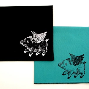 Handkerchief Mens cotton hanky with hand printed cute FLYING PIG. Soft, eco friendly and unique. Many colors to choose from. image 2