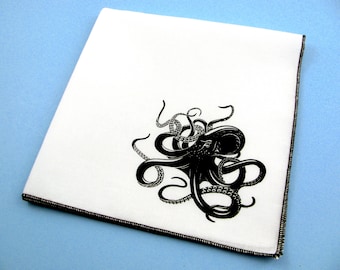 Handkerchief- Mens cotton hanky with hand printed OCTOPUSS. Soft, eco friendly and unique. Many colors to choose from.