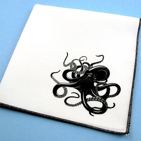 Handkerchief- Mens cotton hanky with hand printed OCTOPUS. Soft, washable, reusable, unique hankie. Many colors to choose from.