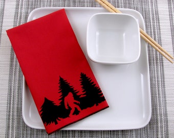 NAPKINS - soft cotton reusable cloth napkins with BIG FOOT Sasquatch print, many colors to choose from.