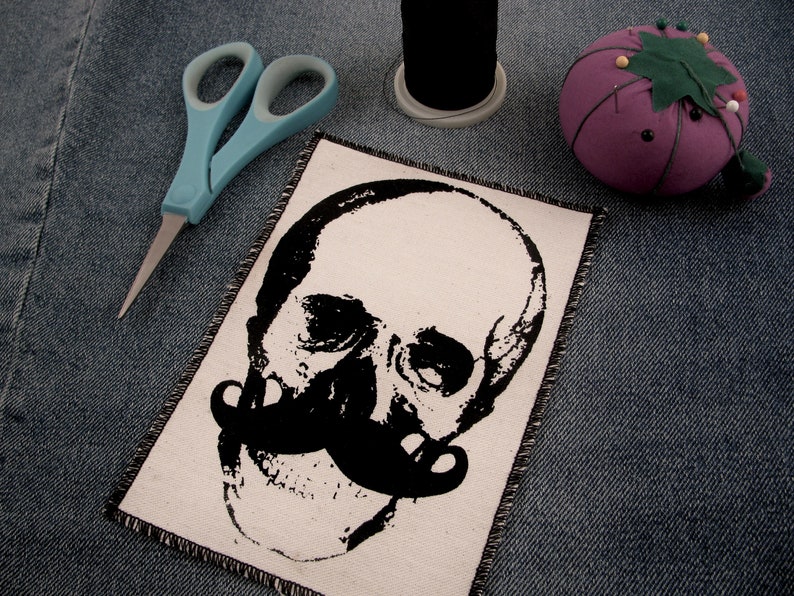 One cool mustache skull canvas patch, finished edge, any color you choose, FREE SHIPPING USA image 9