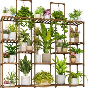 May include: A large, multi-tiered brown wooden plant stand featuring a grid-like structure with numerous shelves. The stand is filled with a variety of potted indoor plants, including leafy green foliage, succulents, and flowering plants in diverse pots.