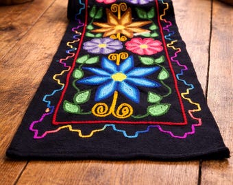 Handmade Floral Embroidered Table Runner, Black Boho Textile, Colorful Folk Home Decor, peruvian Style Centerpiece